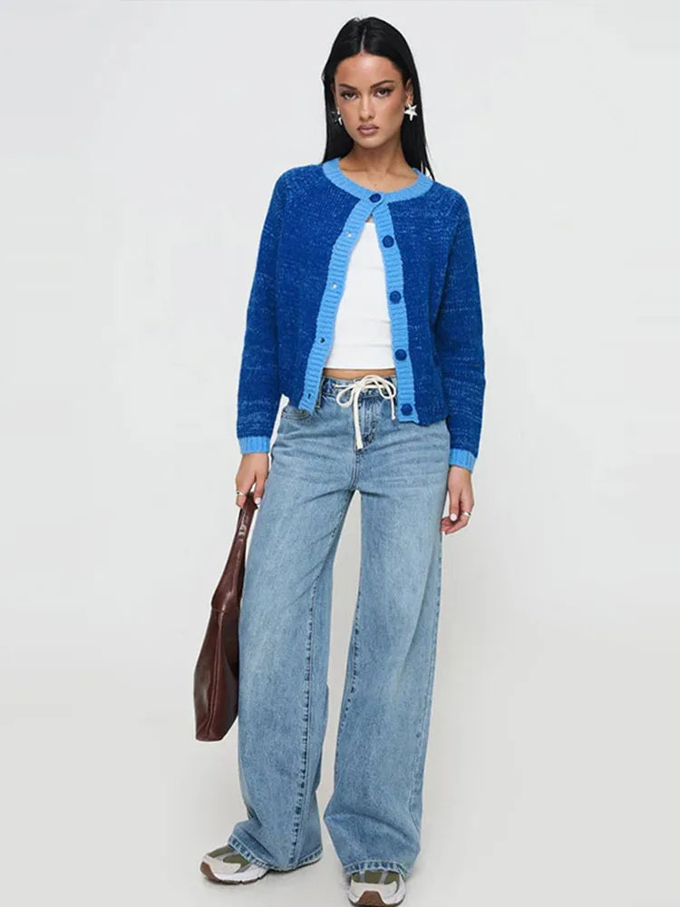 Casual Knitted Single-Breasted Cardigan Women Loose Contrast Color O-neck Pullover Sweaters Female Autumn Chic Street Tops
