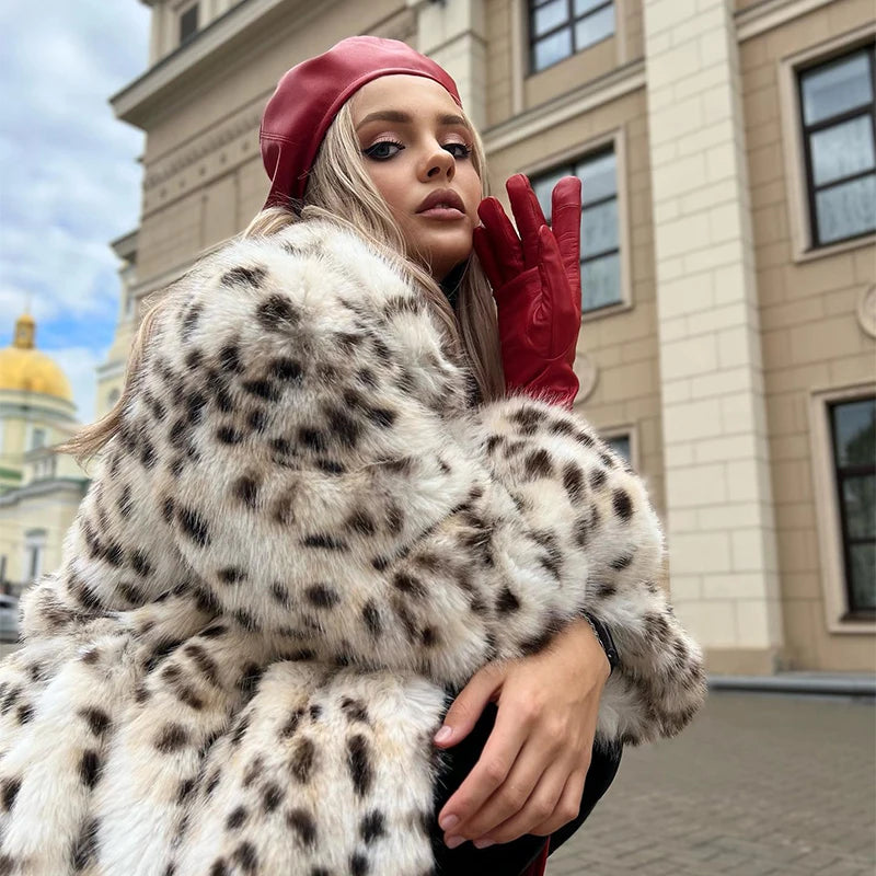 Exclusive Winter  Long Belted Leopard Faux Fox Fur Coat Women Overcoats Ladies Stylish Street Fashion Fluffy Fox Fur Jacket