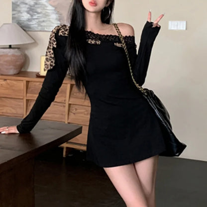 Sexy Dress Women y2k Clothes Leopard Print Lace Trim Off Shoulder Long Sleeve A Line Mini Dress Party Dresses Clubwear