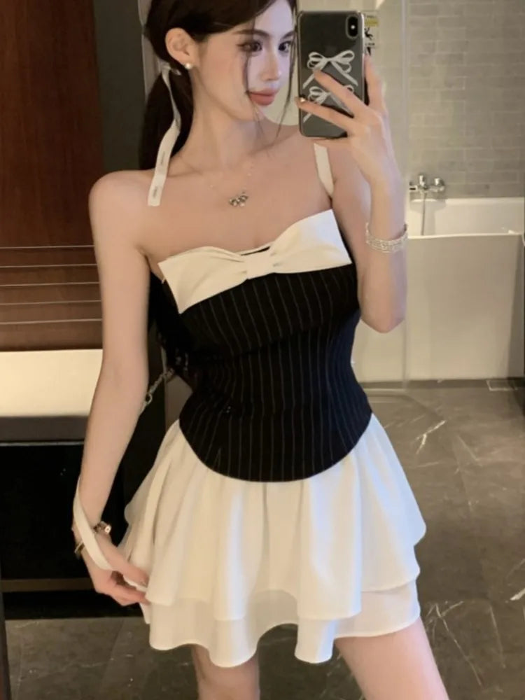 Sexy Striped Patchwork Short Dresses for Women Strapless Layered Ruffles A-line Bow Birthday Party Dress Korean Fashion Vestido