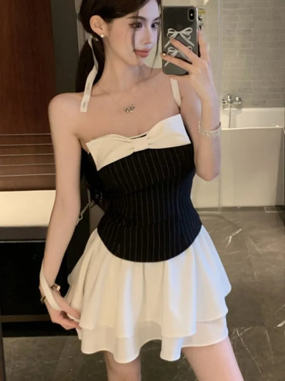 Sexy Striped Patchwork Short Dresses for Women Strapless Layered Ruffles A-line Bow Birthday Party Dress Korean Fashion Vestido