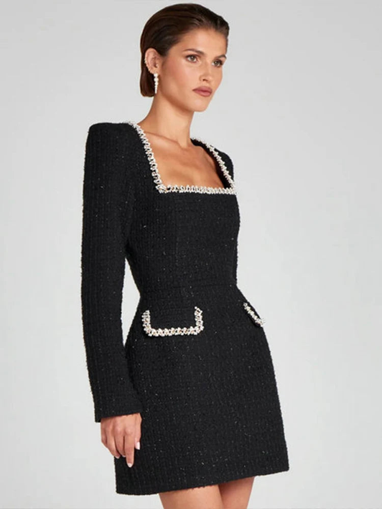 Elegant Tweed Mini Dress Women Square Collar Long Sleeve Shoulder Pads Dresses Female  Autumn Lady HighStreet Robes