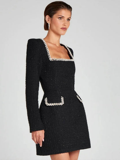 Elegant Tweed Mini Dress Women Square Collar Long Sleeve Shoulder Pads Dresses Female  Autumn Lady HighStreet Robes