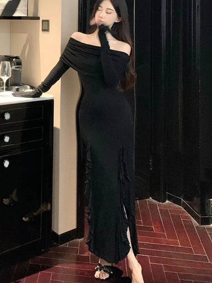Sexy Bodycon Evening Dresses for Women Long Sleeves Slash Neck Ruffles High Slit Slim Korean Fashion One Piece Vestidos Mujer