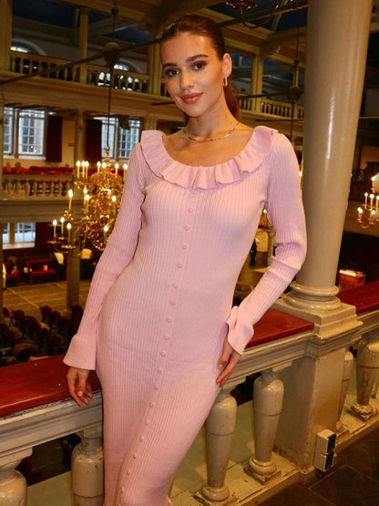 Ruffled Knit Long Dress For Women Lapel Slim High Waist Single Breasted Sweater Maxi Dress Elegant Ladies Party Dresses