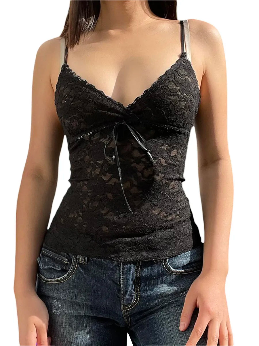 Black See Through Lace Cami Crop Tops Y2K Clothes Sleeveless V Neck Tanks Camis Aesthetic 2000s Gothic Tees