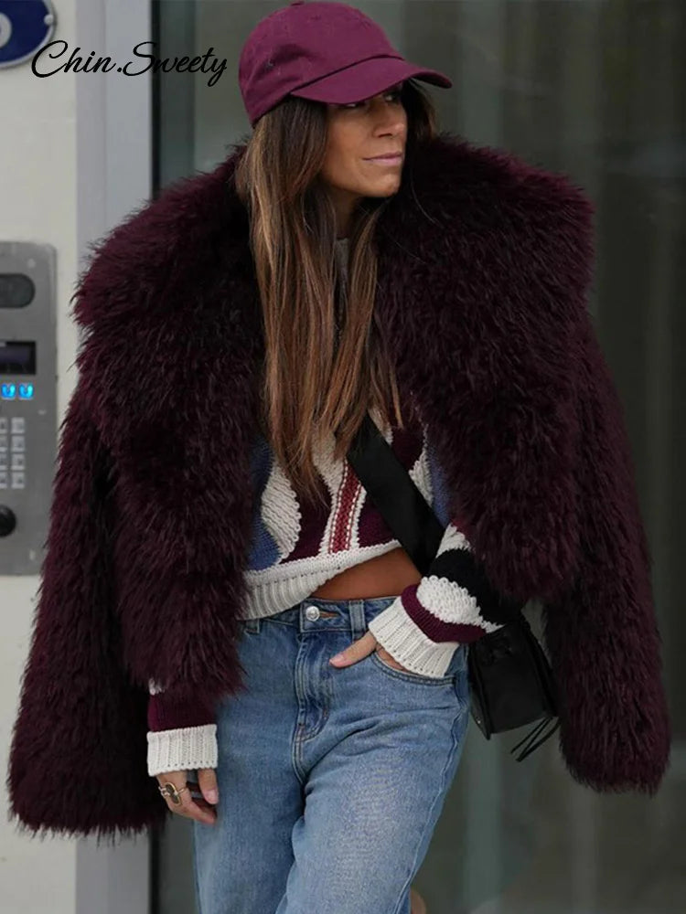 Fashion Women Faux Fur Coat Fluffy Lapel Loose Long Sleeve Burgundy Red Cropped Jacket Female  Winter High Street Outwear