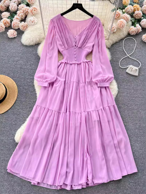 Vintage Chiffon Long Dress Women Elegant V-neck Long Sleeved Casual Dresses French Pleated Slim A-line Long Robe Vestidos