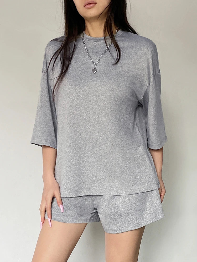 Gray Solid O Neck Loose Basic Casual Half Sleeve T Shirt And Shorts 2 Pieces Sets Women Leisure Homewear