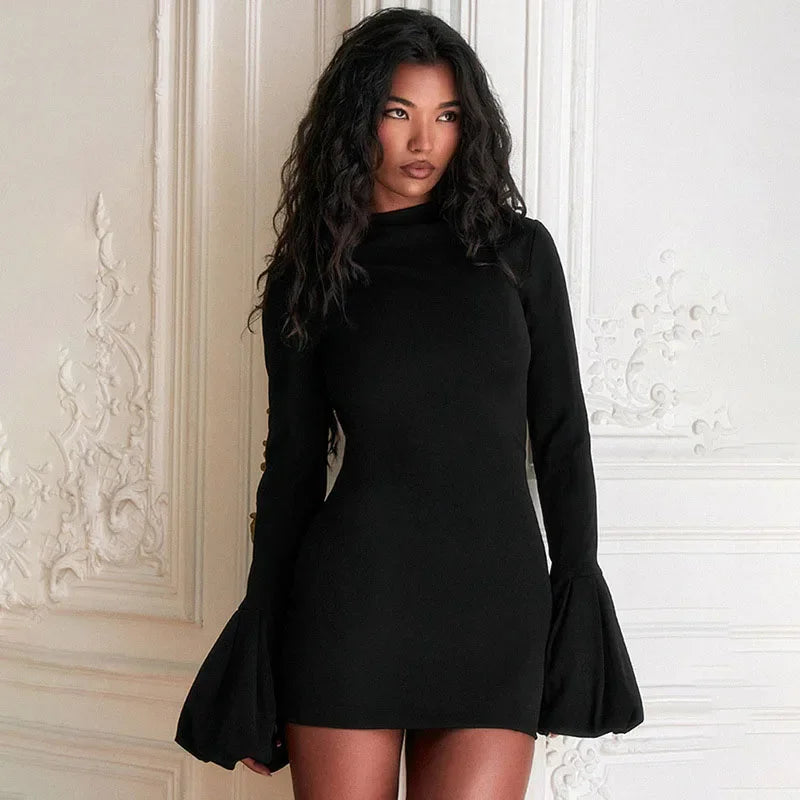 Fashion Pull Sleeve Black Mini Dress Female High Waist Elegant Long Sleeve Dresses Club Party Bodycon Women’s Clothing