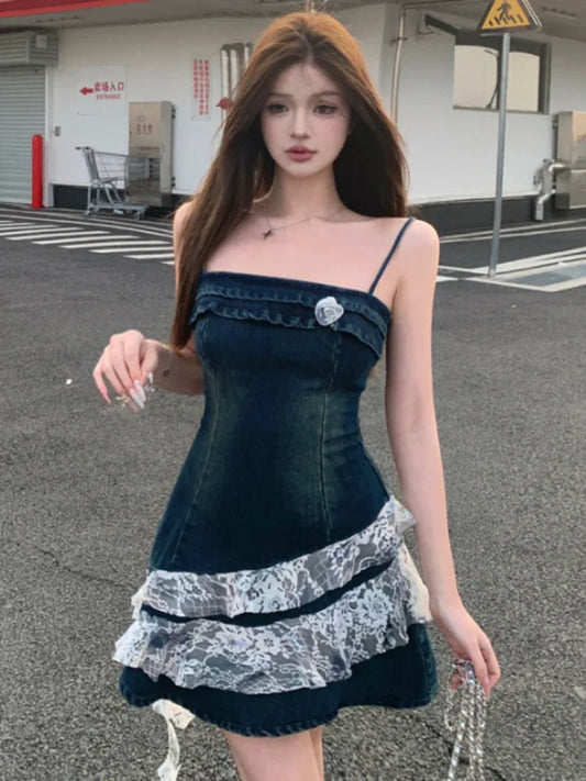 Voguable  Y2k Slim Cowboy Sling Dress France Vintage Off Shoulder Patchwork Dresses FeChick Thin Sleeveless Clothing