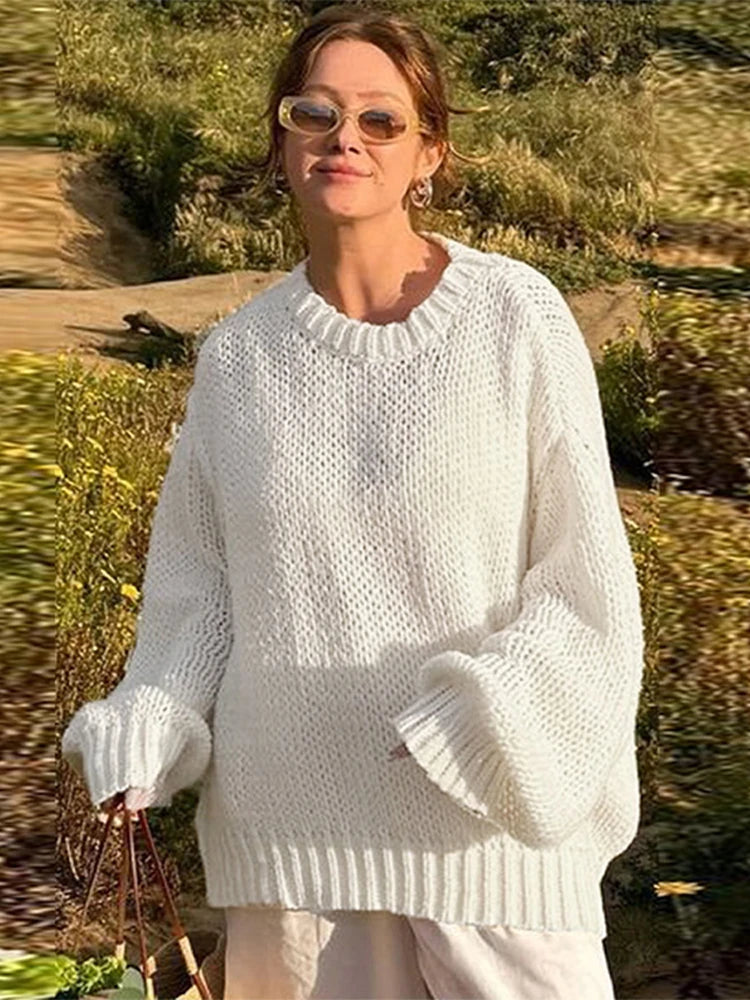Casual Knitted Hollow Out O-neck Sweaters Women Loose Solid Long Sleeve Pullover Sweater Female Autumn Chic Elegant Street Tops