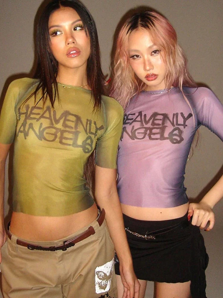 See-Through Letter Print Y2K Crop Top