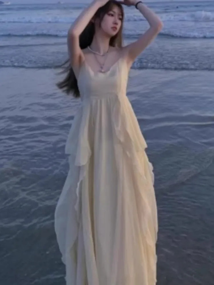 New Spaghetti Strap Elegant Dresses for Women Summer Ruffles A-line Holiday Beach Style Casual Party Dress Y2K Vestidos Mujer