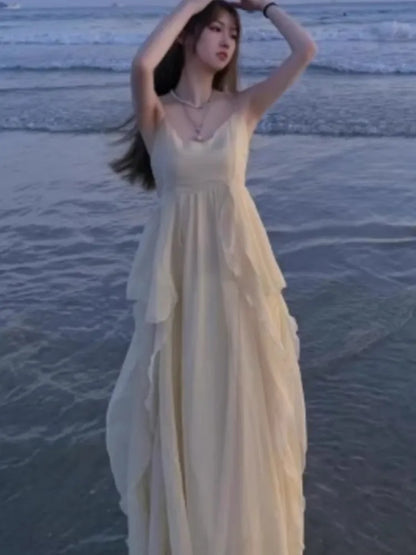 New Spaghetti Strap Elegant Dresses for Women Summer Ruffles A-line Holiday Beach Style Casual Party Dress Y2K Vestidos Mujer