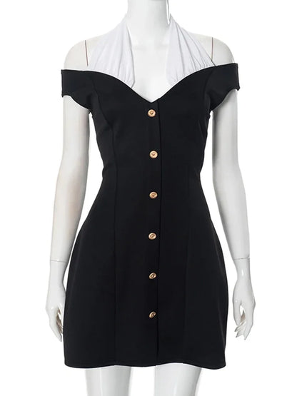 Elegant Contrast Color Splice Halter Dress For Women High Waist With Button Female Slim Fit Party Sexy Dress Sleeveless