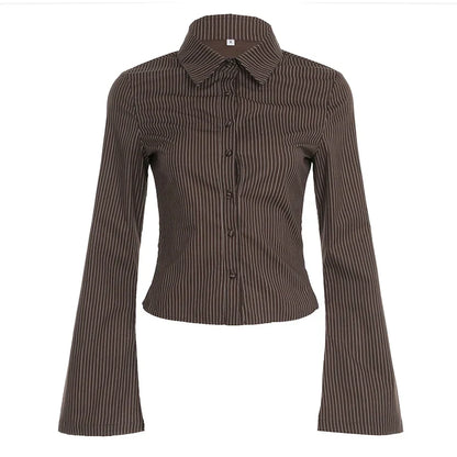 Vintage Brown Striped Blouse Women Fashion High Street Fitted Tee Shirt 2000s Casual Button Top Ladies Fall Outfits