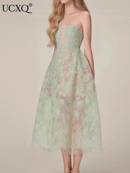 Korean Style 3D Flower Sequin Lace Strapless Dress Elegant Multi-color Mesh Long Dresses Women 2025 New Spring Summer A7877