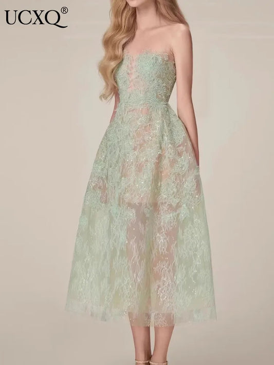 Korean Style 3D Flower Sequin Lace Strapless Dress Elegant Multi-color Mesh Long Dresses Women 2025 New Spring Summer A7877