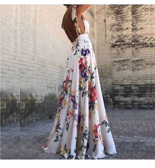 Flower Print Bowknot Leace-up Sleeveless Long Dresses Women Sexy V-neck Backless Evening Party Maxi Dress 2025 Spring Summer New