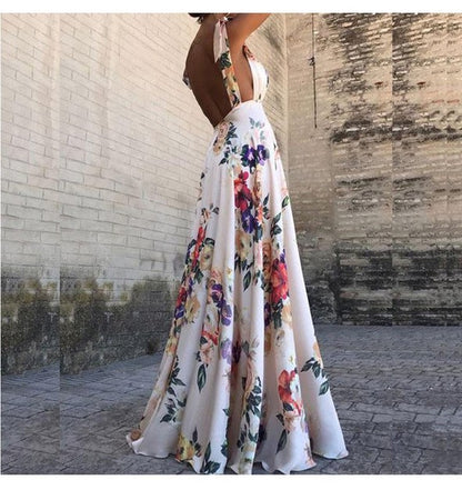 Flower Print Bowknot Leace-up Sleeveless Long Dresses Women Sexy V-neck Backless Evening Party Maxi Dress 2025 Spring Summer New