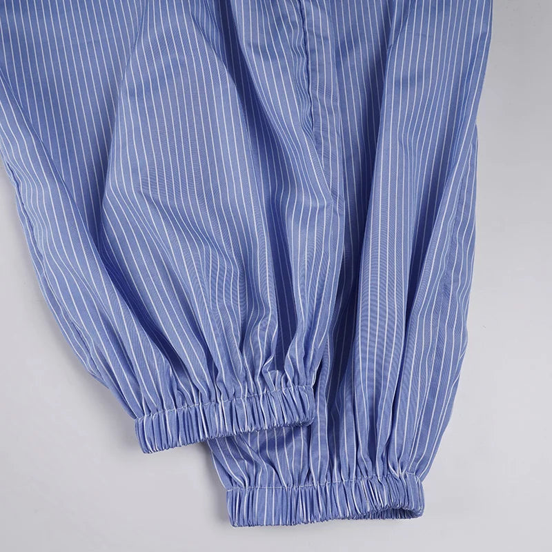 Streetwear Blue Striped Print Casual Pants Elastic Low Rise Loose Trousers y2k Aesthetic Korean Style Hippie Trousers