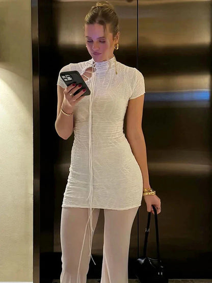 Jacquard Shirring Dress See Through Elegant Chic Y2K Shorts Sleeve Peach Hip Simple Mini Bodycon