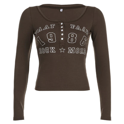 American Retro Letter Print Button V-Neck Shirt Women¡¯s Autumn New Blouse Slim Basic Knitted Top Tees Streetwear Fashio