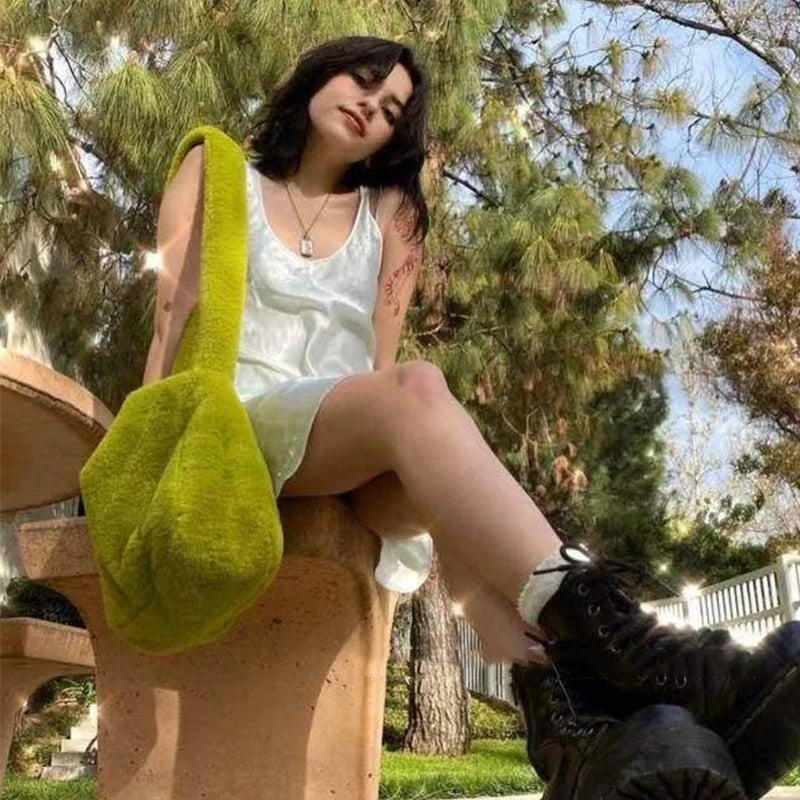 2000s Y2k Hot Girls Candy Color Rose Pink Plush Crossbody Shoulder Bag Women Winter Harajuku Street Fashion Faux Rabbit Fur Bags