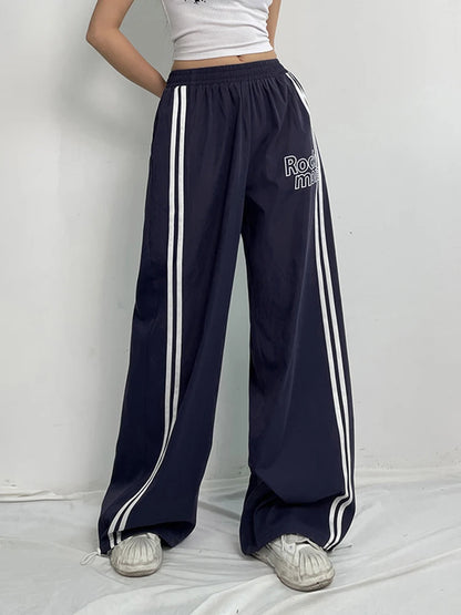 Side Stripe Elastic High Waist Loose Straight Leg Pants Women Letter Print Street Style Hippie Baggy Trousers Preppy Streetwear