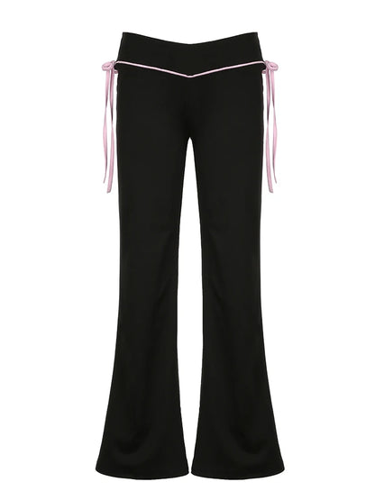 Contrast Lace-Up Low Waist Y2K Flared Pants Women Black Basic Simple Casual Sweet Style Trousers