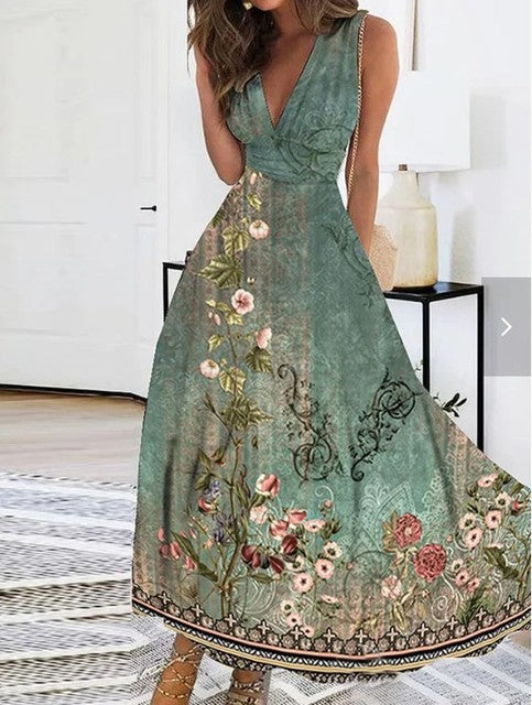 Summer Flower Printed Sleeveless Long Dresses Sexy V-neck Elegant Lady Party A-line Dress Fashion Chic Maxi Evening Vestidos New