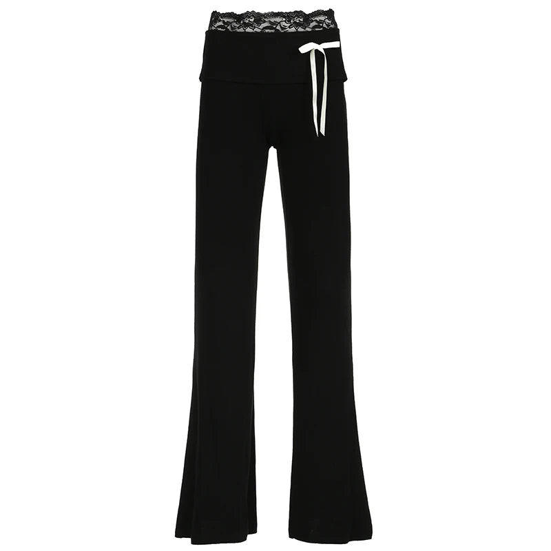 Solid Lace Trim High Waist Flared Pants Hotsweet Y2k Women s Trendy Basic Fashion Trousers Casual