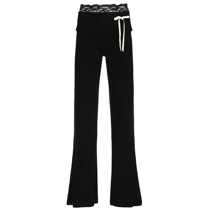Solid Lace Trim High Waist Flared Pants Hotsweet Y2k Women s Trendy Basic Fashion Trousers Casual