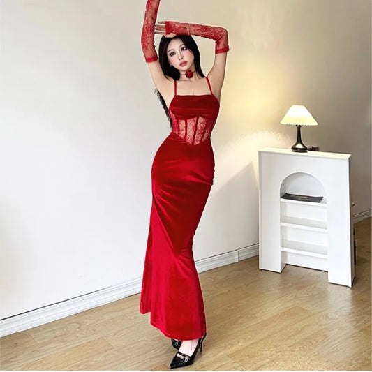 Sexy Bodycon Velvet Dresses for Women Spaghetti Strap Corset Slim Waist Slit Evening Party Dress Prom Robe Christmas Vestidos
