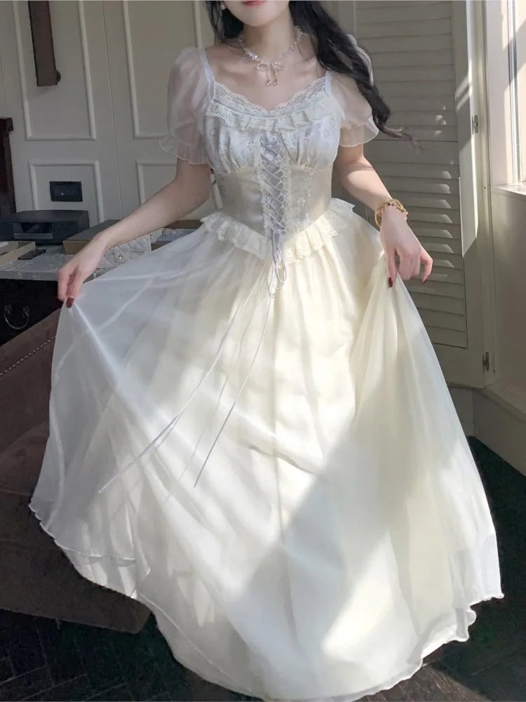 Elegant Princess Birthday Party Dress Puff Sleeve Lace-up A-line Midi Dresses for Women Square Collar Prom Robe Vestidos Mujer