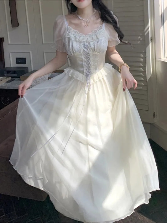 Elegant Princess Birthday Party Dress Puff Sleeve Lace-up A-line Midi Dresses for Women Square Collar Prom Robe Vestidos Mujer