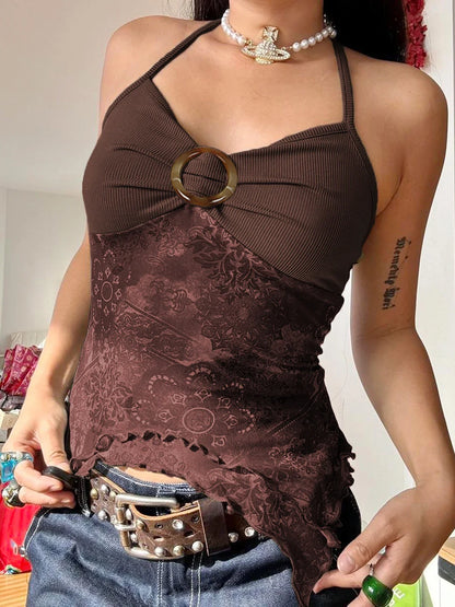 Voguable Boho Vintage Print Mesh Patchwork Crop Top V Neck Camis Y2K Streetwear FeCoquette Aesthetic Clothes