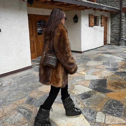 Luxury Brand Long Furry Faux Fur Coat Women  Winter Brown Vintage Gradient Thick Warm Outerwear Fluffy Fur Jacket