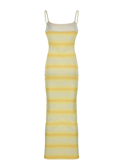 Yellow Gradient Stripe Slim Elegant Spaghetti Straps Long Dresses Women Split Side Sexy Rib Knit Beach Boho Vacation Outfits