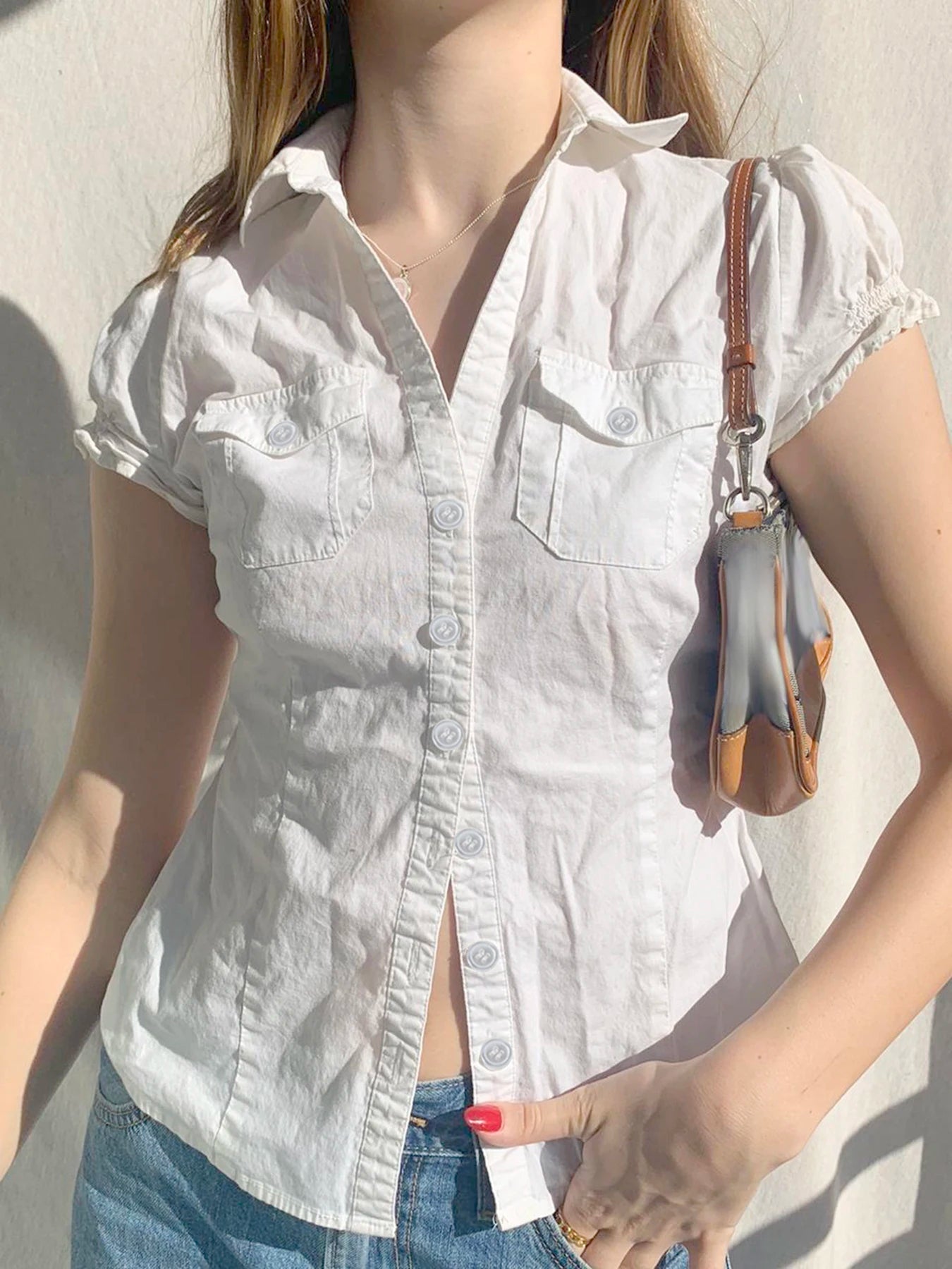 Single Breasted Puff Sleeve White Shirts For Women Button Turn Down Collar Pockets Simple Casual Safari Style Tops