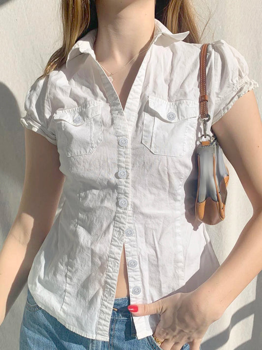 Single Breasted Puff Sleeve White Shirts For Women Button Turn Down Collar Pockets Simple Casual Safari Style Tops