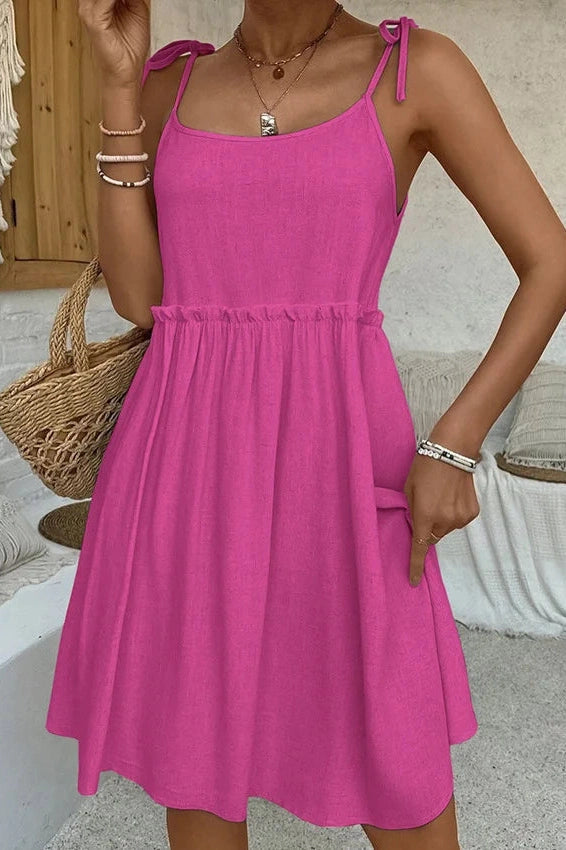 Spaghetti Strap Loose Mini Dress with Lace Up Detail