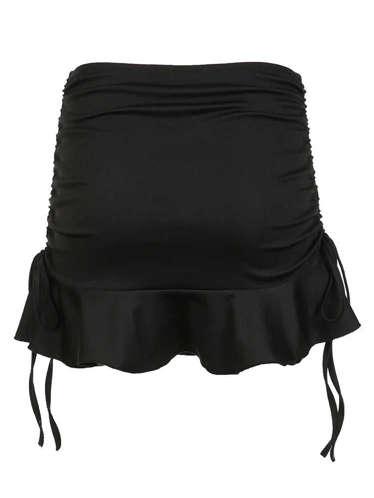 Black Solid Shirring Tie A Line Ruffles Skirts For Women Low Waist Y2K Summer Baddie Outfits