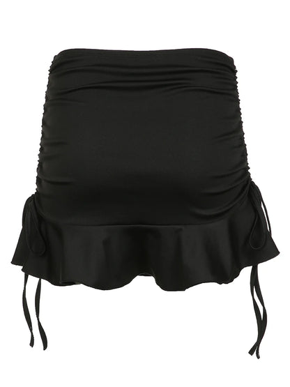 Black Solid Shirring Tie A Line Ruffles Skirts For Women Low Waist Y2K Summer Baddie Outfits