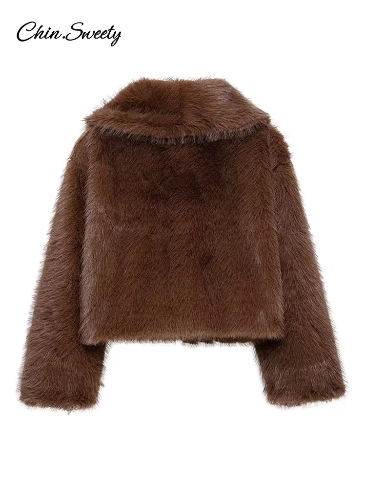 Brown Lapel Faux Fur Short Coat Women Fluffy Long Sleeve Warm Thick Loose Jacket  Autumn Winter Lady High Street Outwear _
