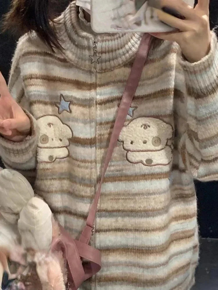 Y2k Aesthetic Japanese Knit Cardigan Kawaii Dog Embroidery Harajuku  Femme Striped Preppy Zipper y Womens