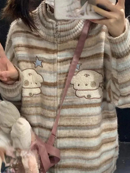 Y2k Aesthetic Japanese Knit Cardigan Kawaii Dog Embroidery Harajuku  Femme Striped Preppy Zipper y Womens