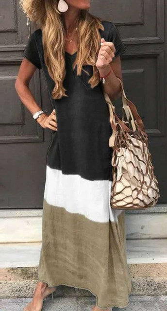 Casual Loose Contrasting Colors Long Dresses Women Fashion Summer V-neck Short Sleeves Maxi Dress Female Commuting Vestidos New