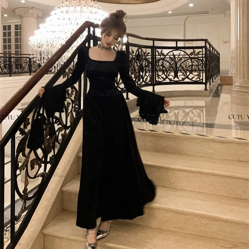 Y2K Velvet Long Dresses for Women Flare Sleeve Square Collar Slim Waist A-line Autumn Winter Evening Party Prom Robe Vestidos